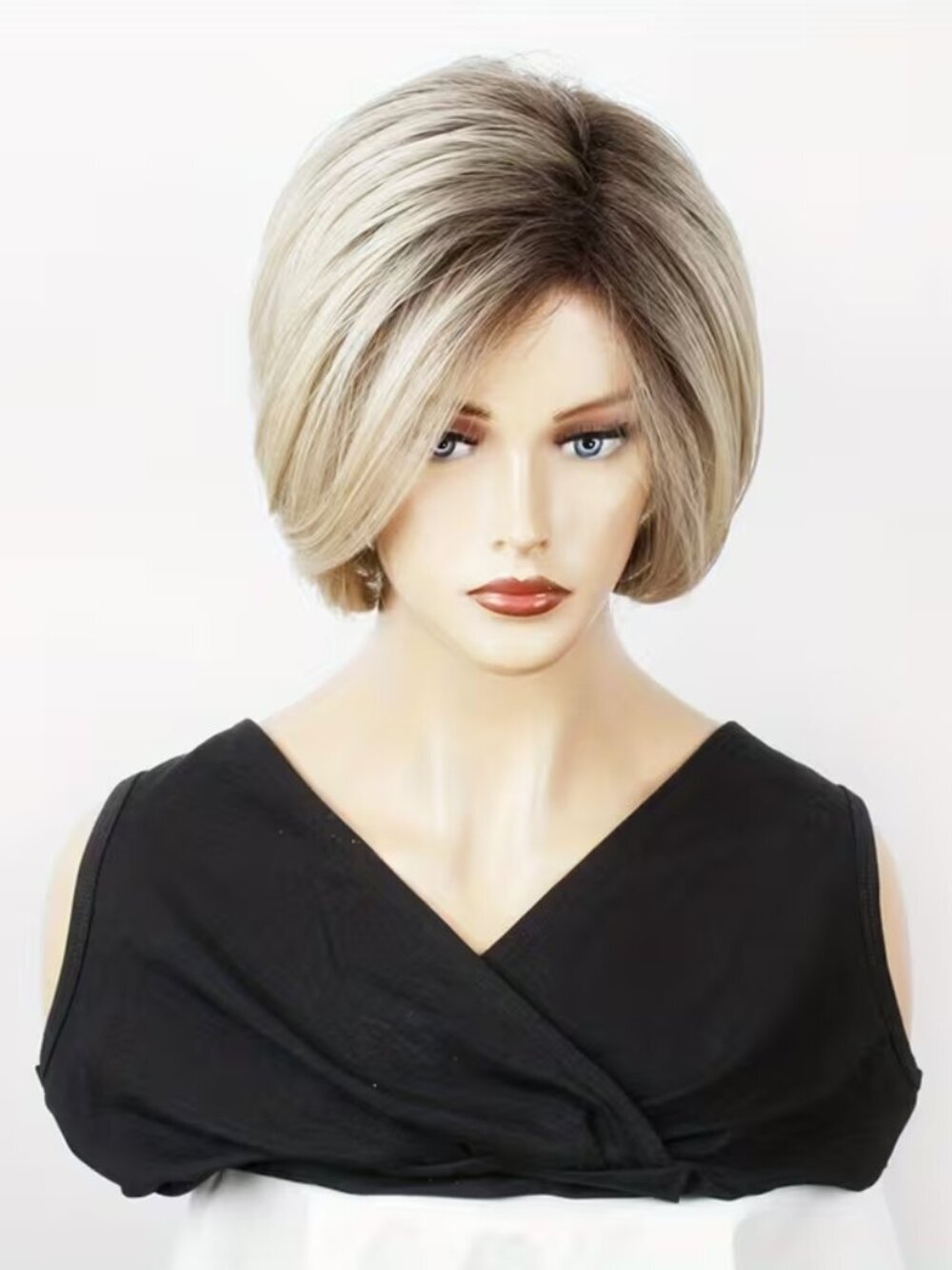 Short Blonde Ombre Bob Wig With Bangs Straight Layered Synthetic Hair Women -NEW